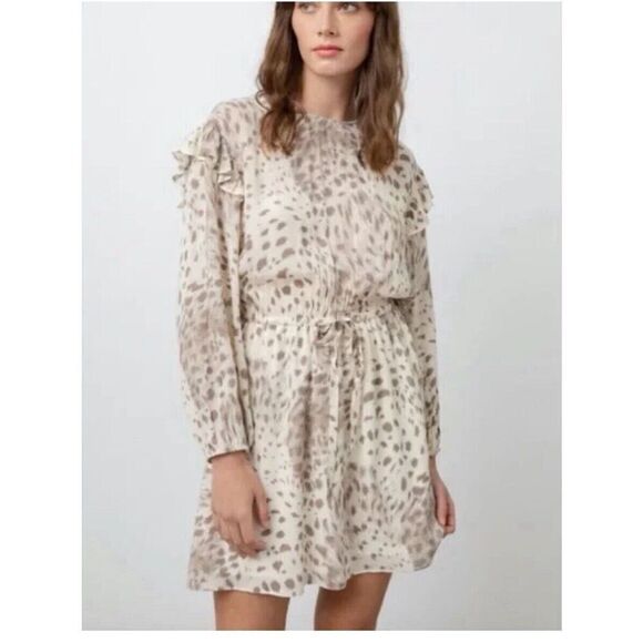 Rails Ora Puma Long Sleeve Rayon Dress Size Small Neutral Animal Print Ruffled - Picture 1 of 15
